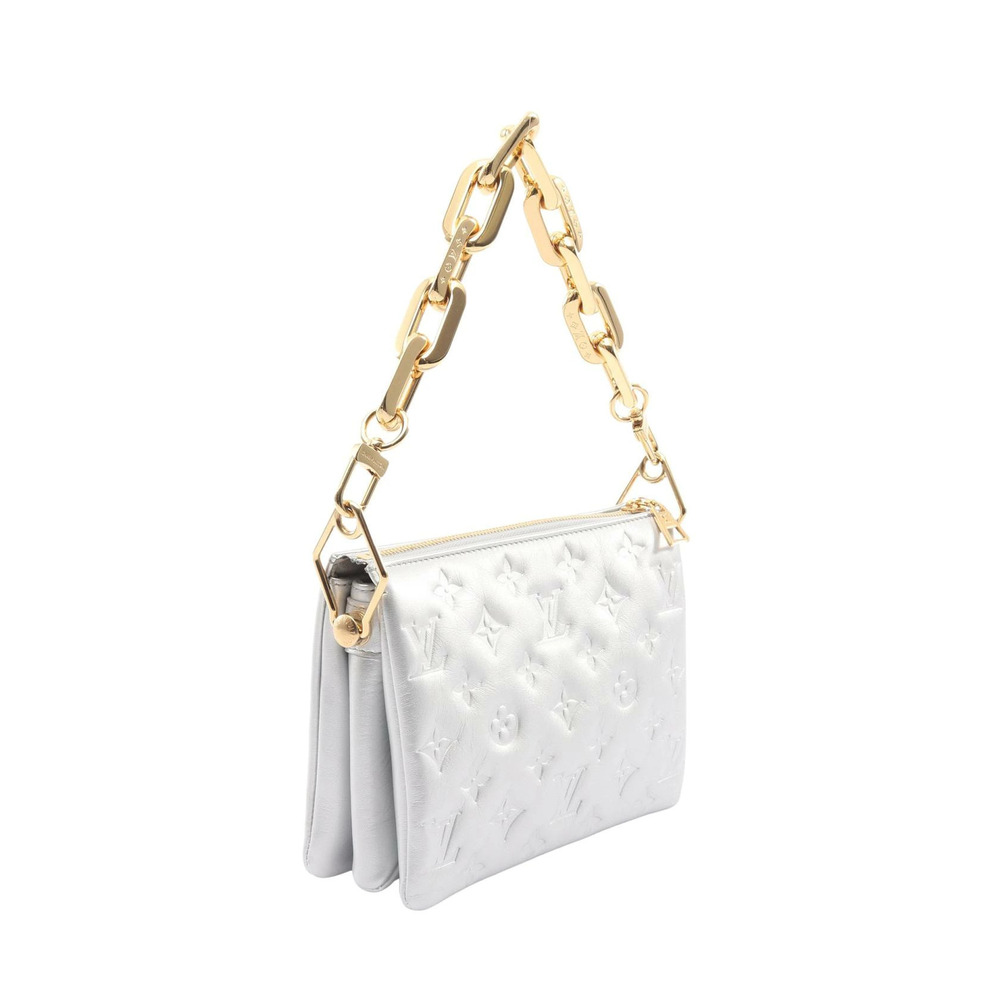 Louis Vuitton Monogram Bag Leather Tone Coussin Embossed Shoulder Silver